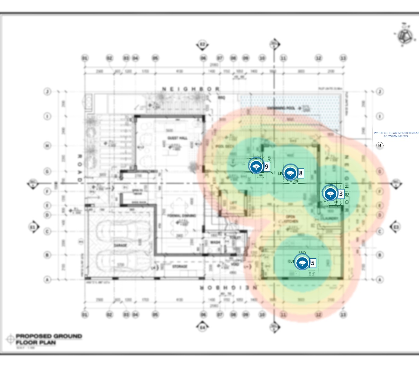 Floor plan with access points placed on it and a coverage map shaded across the rooms